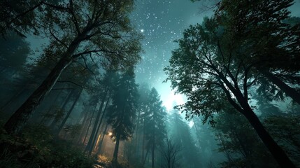 Fototapeta premium Majestic pine forest under a star-filled night sky with soft mist and glowing starlight creating a tranquil and enchanting atmosphere