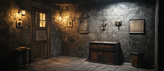 Dark Dungeon Interior with Wooden Chest