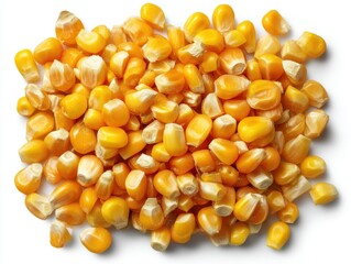 A close-up view of a pile of golden, freshly harvested corn kernels, showcasing the texture and natural beauty of this staple food. 
