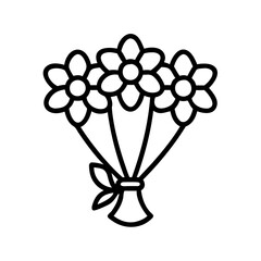 Outline flower bouquet vector illustration, floral arrangement with ribbon, spring blossom design element