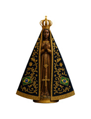 Beautiful Portrait of Our Lady Aparecida Holding Symbols of Grace. Transparent background PNG cutout.