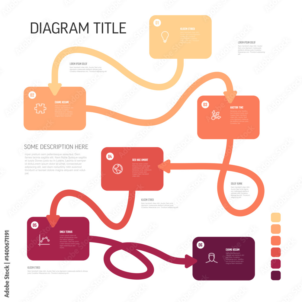 Poster simple minimalistic red colorful flowchart with gradient path and sections on white background. mult