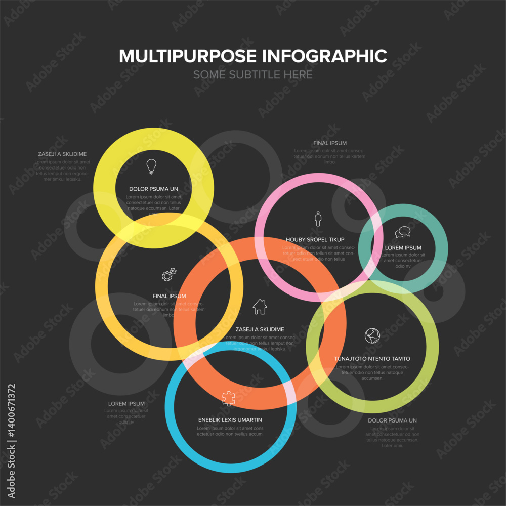 Poster a multipurpose infographic with overlapping colorful circles and icons, perfect for visualizing data