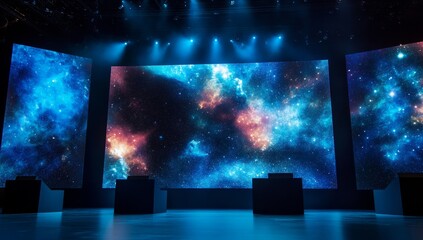 Stage with large screens displaying cosmic imagery.  Dark stage lit by vibrant blue and white spotlights.  Three large screens showcasing nebulae and galaxies.  Empty podiums in front of the screens