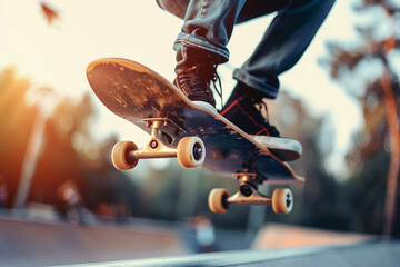 Obraz premium Generative AI Illustration of Dynamic Skater Performing Tricks in Neon Light Atmosphere