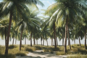 Obraz premium Lush palm trees along a sandy pathway in a tropical paradise during daylight