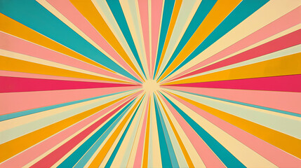 Retro colorful gradient grunge sunburst background design.  Stripes sunlight decorative rays emanating from a central point, resembling the sun's rays. Saffron pattern 70s discos radiating lines 