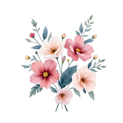 Watercolor Floral Arrangement: Blush and Rose Hues with Delicate Leaf Accents.