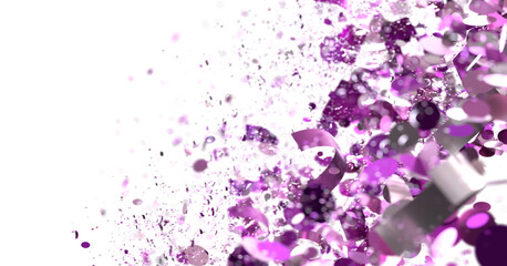 Abstract image of purple confetti exploding on white background. Ideal for celebration, party, and festive designs.
