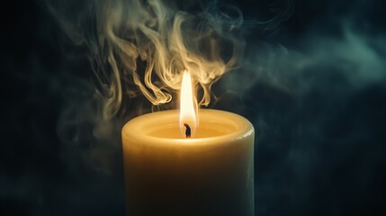 Fototapeta premium Burning candle with smoke in dark atmosphere