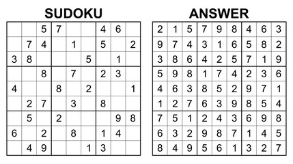 Vector sudoku with answer 23. Educational game with numbers for kids and leisure for adult on white background.