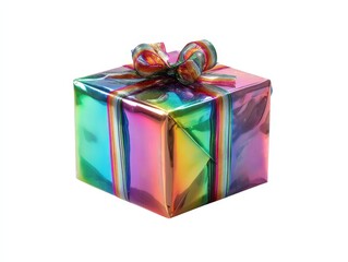 Obraz premium A beautiful gift box wrapped in iridescent paper, topped with a decorative ribbon, conveying excitement and anticipation, is perfect for celebrating special moments.