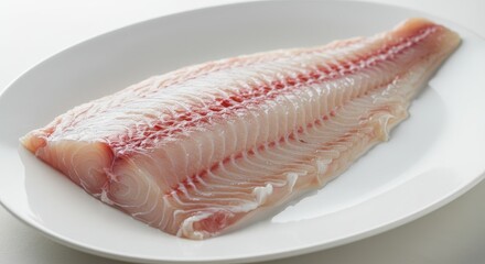 Fresh Fish Fillet on Plate - Close-up of a fresh, raw fish fillet on a white plate, ready for cooking. High-quality ideal for culinary websites or recipe blogs