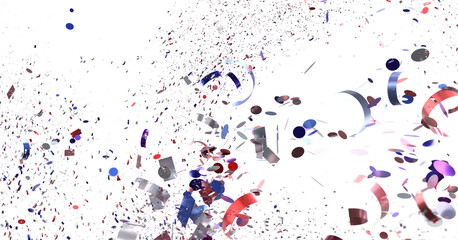 Vibrant confetti bursts in red, blue, silver. Perfect for celebration, party, or festive designs.