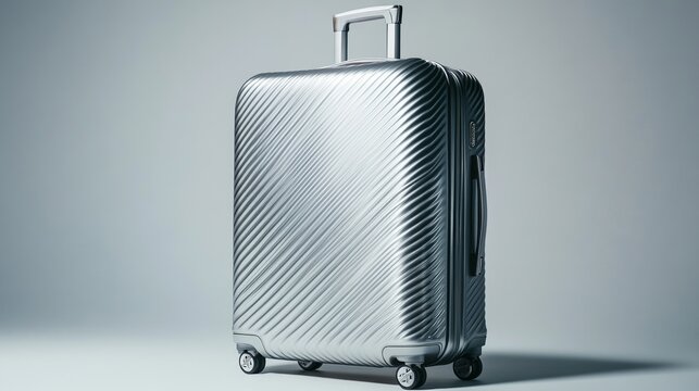 Silver patterned suitcase with handle on wheels in studio setting