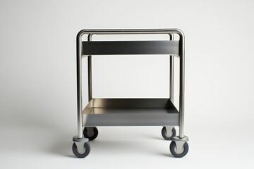 A Shiny Stainless Steel Two Tier Utility Cart on a White Background