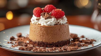 Chocolate dessert with whipped cream and raspberries