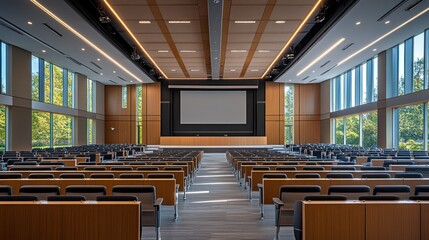 Empty modern lecture hall with large windows, natural light, and stage.  Possible use Stock photo for educational institutions, conferences, or architectural projects.