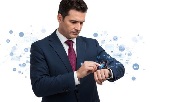 Man in suit using smartwatch with digital overlay on white background in studio setting showing technology - Powered by Adobe