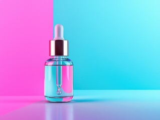 Vibrant serum dropper bottle on a trendy color backdrop.  A clear glass bottle with a dropper top, filled with a light blue liquid, sits on a flat surface.  
