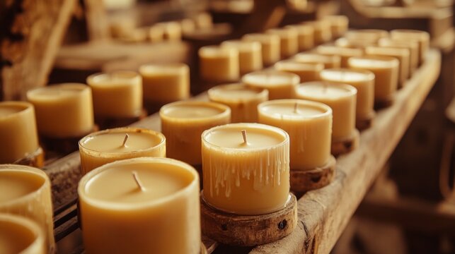 Handcrafted beeswax candles in rustic workshop with soft warm lighting