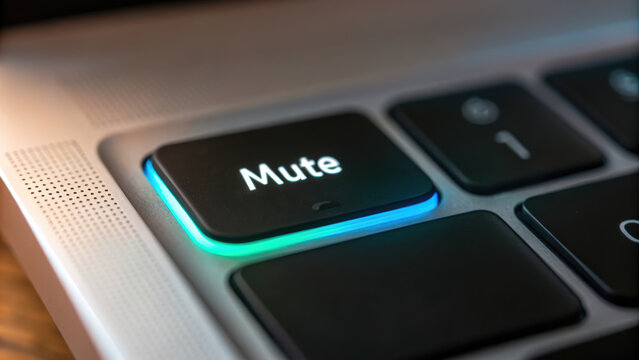 close up of mute button on laptop keyboard illustrates concept of call center service, emphasizing importance of communication control