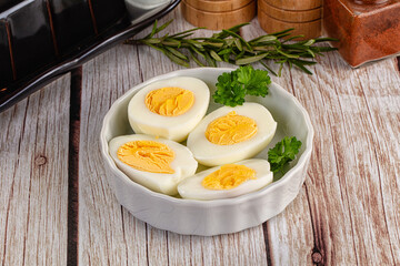 Boiled chicken eggs with bright yolk