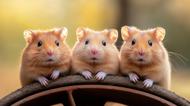 Three hamsters nestled together in a wheel, positioned in a triangle formation like best friends. Soft shadows enhance the intimate and playful tone.