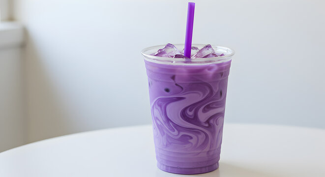 Refreshing Iced Ube Latte with Ombr? Swirl in Clear Cup Stock Photo
