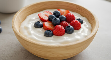 Delicious Creamy Coconut Yogurt with Fresh Berries in Wooden Bowl
