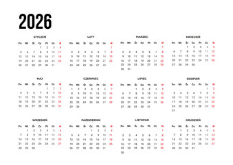 Calendar 2026 in Polish language. Vector template
