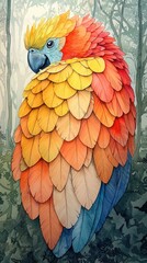 Obraz premium A vibrant watercolor painting depicts a majestic parrot with richly detailed feathers in a misty forest setting.