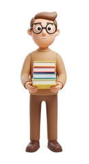 Cartoon man with glasses holding a stack of colorful books on a white background illustration