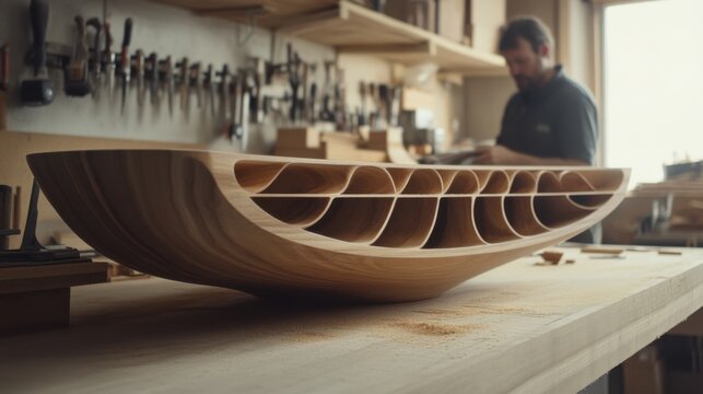 Carpenter building a custom wooden shelf in a workshop. Featuring craftsmanship and careful construction