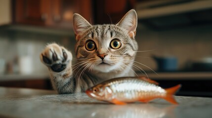 A cat stealthily swiping a fish off the kitchen counter, caught mid-action with wide eyes and paw in motion.