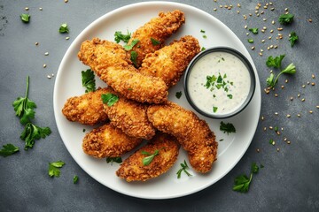 Fototapeta premium Fried chicken tenders with sauce on white background csvgen