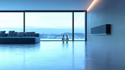 Fototapeta premium Interior view of a contemporary home with a pop of blue on the sofa, wall-mounted AC unit, and a strange frost layering the floor. Two penguins add an unexpected charm.