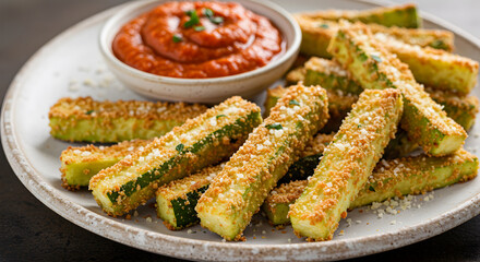 Parmesan Crusted Zucchini Fries with Marinara Dip Appetizing Healthy Snack