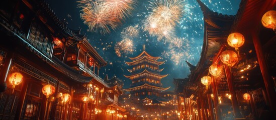 Fototapeta premium Fireworks over Chinese Town at Night