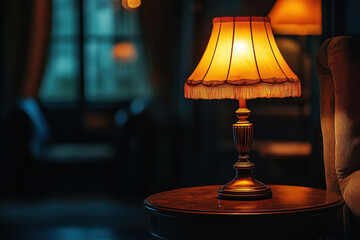 A lamp glowing on a table, illuminating a cozy reading nook.