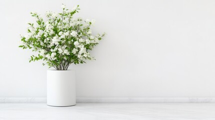 Simple white floral arrangement in a modern cylinder vase against a white wall