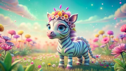 Fototapeta premium Adorable Zebra Princess in a Floral Crown - Cute Animal Stock Photo