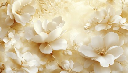 Creamy Floral Elegance, Soft Watercolor Petals on Yellow Textured Background, Romantic Backdrop