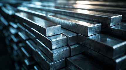 Close-up of precision-cast beryllium metal bars stacked tightly in rows, edges clean and uniform, set in a sterile laboratory warehouse.