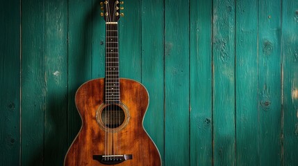 Fototapeta premium Acoustic guitar on teal wood wall
