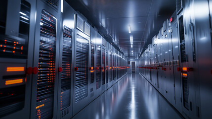 Fototapeta premium Heavy-duty storage of solid beryllium bars in a futuristic alloy research facility, walls lined with data displays and hazard signage.