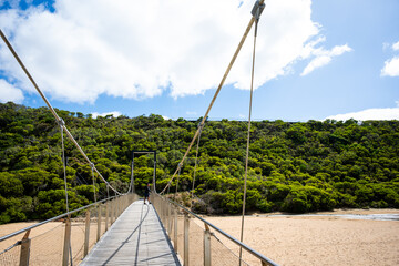 Side view of a man standing on suspension bridge, looking at view, Port Campbell, Victoria,...