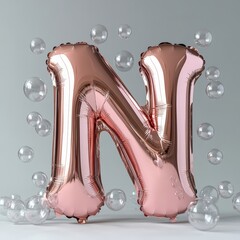 Obraz premium Shiny rose gold balloon letter N with floating bubbles in background