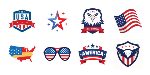 4th of July vector elements set. Collection of American Independence Day vector illustrations on white background