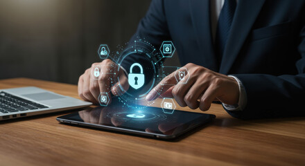 Cyber Security: Businessman Securing Data on Tablet with Digital Lock. Network, Privacy, Protection, Cloud Security.